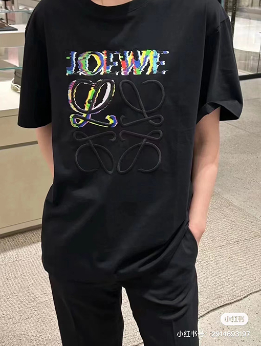 ロエベ ロゴ刺繍のカラフルなラウンドネック短袖Tシャツ