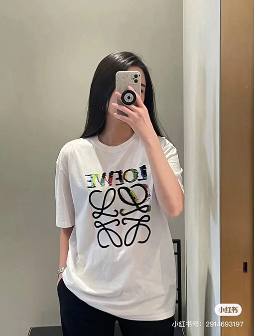 ロエベ ロゴ刺繍のカラフルなラウンドネック短袖Tシャツ