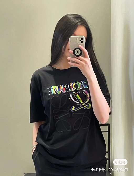 ロエベ ロゴ刺繍のカラフルなラウンドネック短袖Tシャツ