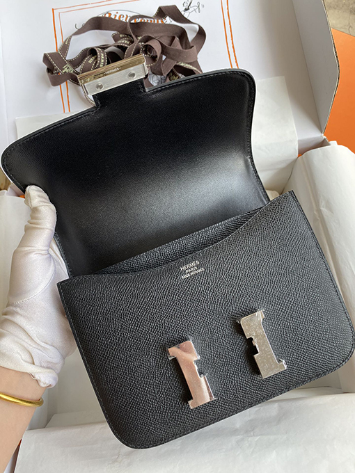 エルメス  19 cm輸入エプソムレザーブラックシルバーバックル バッグ