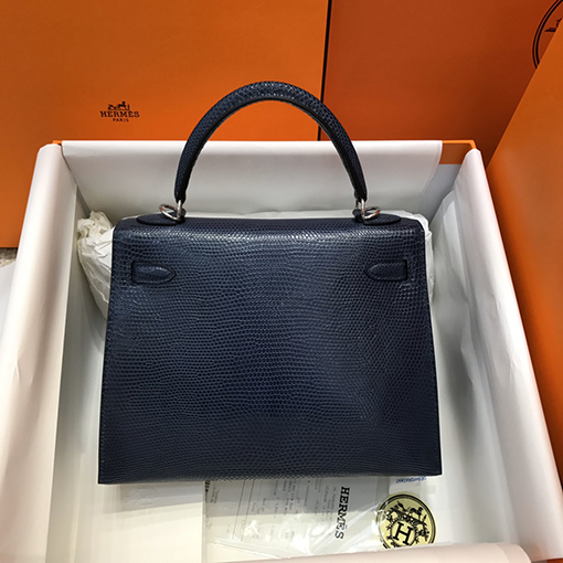 エルメスケリー25 cm輸入トカゲ革紺色シルバーバックルバッグ