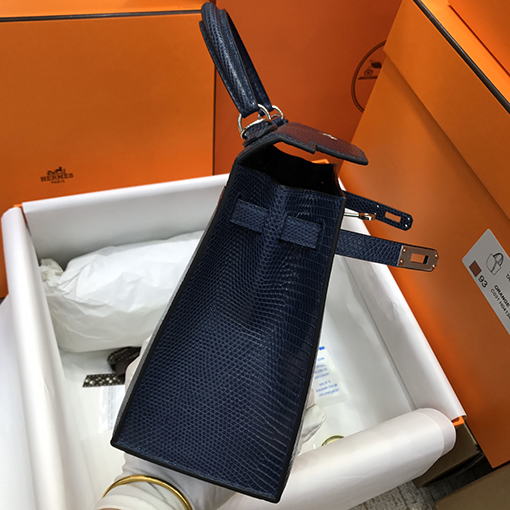 エルメスケリー25 cm輸入トカゲ革紺色シルバーバックルバッグ