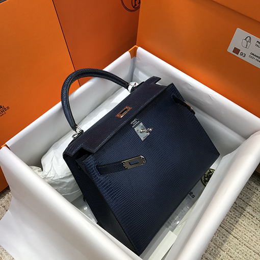 エルメスケリー25 cm輸入トカゲ革紺色シルバーバックルバッグ