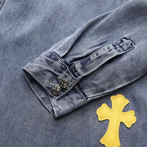 クロムハーツ デニム シャツ  色色とりどり十字架革パッチワーク 