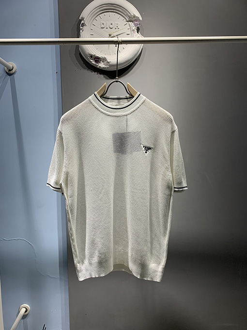 プラダ  シルクコットンブレンドクルーネックメッシュ半袖Tシャツ