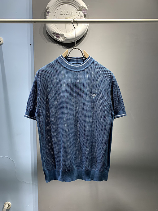 プラダ  シルクコットンブレンドクルーネックメッシュ半袖Tシャツ