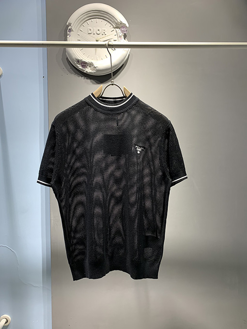 プラダ  シルクコットンブレンドクルーネックメッシュ半袖Tシャツ