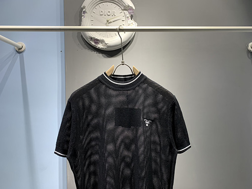 プラダ  シルクコットンブレンドクルーネックメッシュ半袖Tシャツ