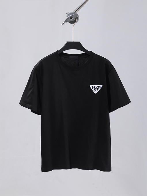 プラダ  クラシックな刺繍三角マークの後ろのデジタルプリント半袖Tシャツ