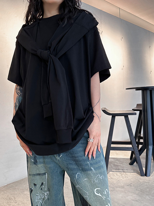 バレンシアガ  刺繍タグ偽2枚半袖ファッションシャツ