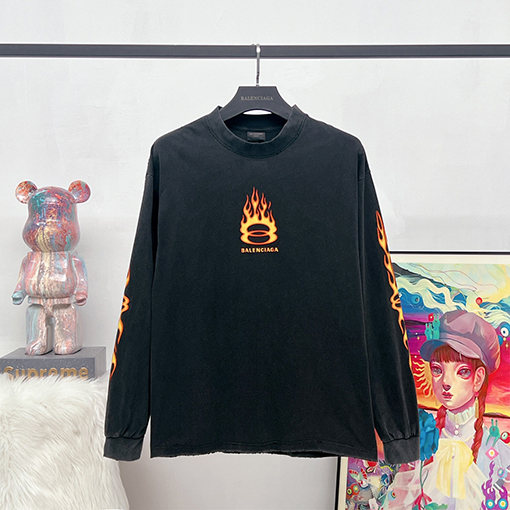 バレンシアガコピー  ダブルリング炎ファッション プリント古い長袖シャツ