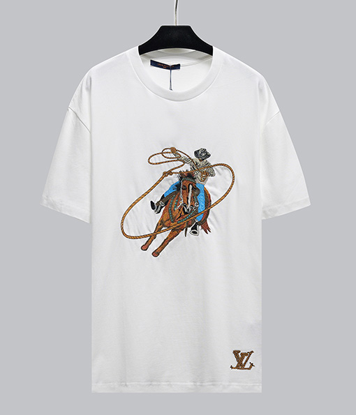 ルイヴィトン  刺繍ファッションクラフトプリント半袖Tシャツ