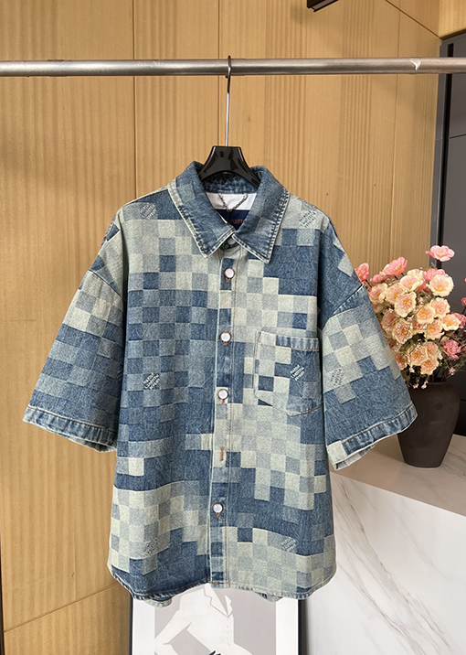 ルイヴィトン  チェック柄半袖デニムシャツ