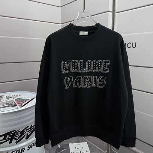 セリーヌコピー 新しいシルバービーズとラインストーンロゴクルーネックパーカー