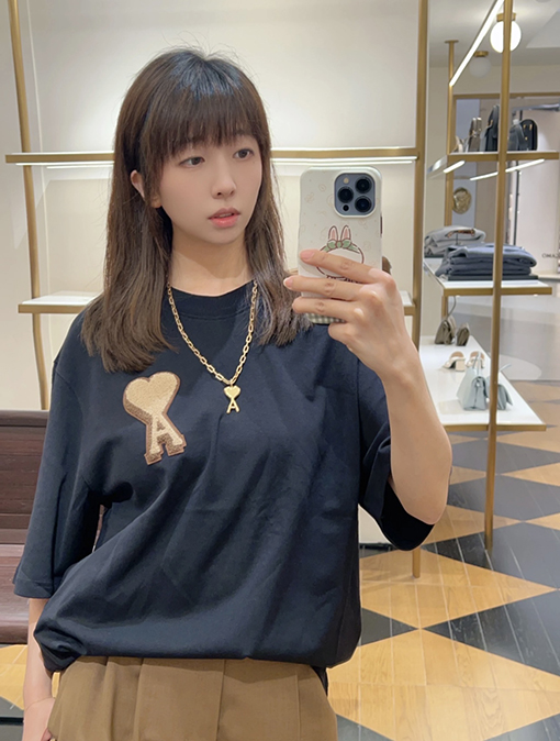 アミ レターハート型ラウンドネックヘビーウェイト半袖Tシャツ