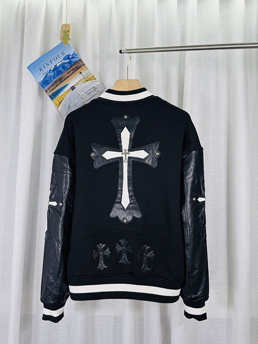 クロムハーツ 3Dレザーカップルカジュアルカーディガン付きフリース裏地ベースボールジャケット