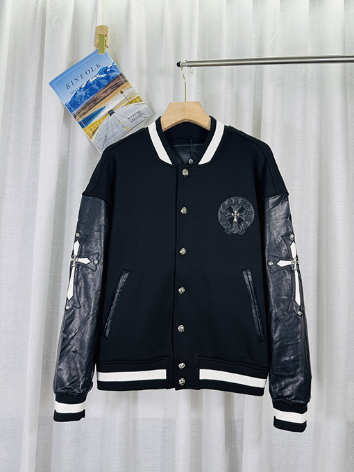 クロムハーツ 3Dレザーカップルカジュアルカーディガン付きフリース裏地ベースボールジャケット