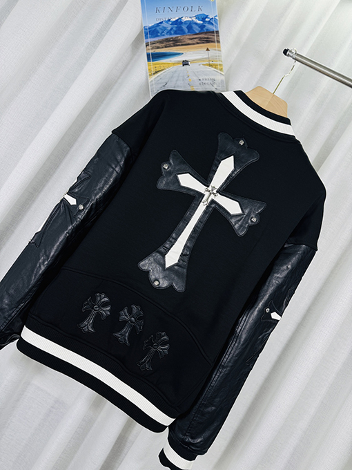 クロムハーツ 3Dレザーカップルカジュアルカーディガン付きフリース裏地ベースボールジャケット