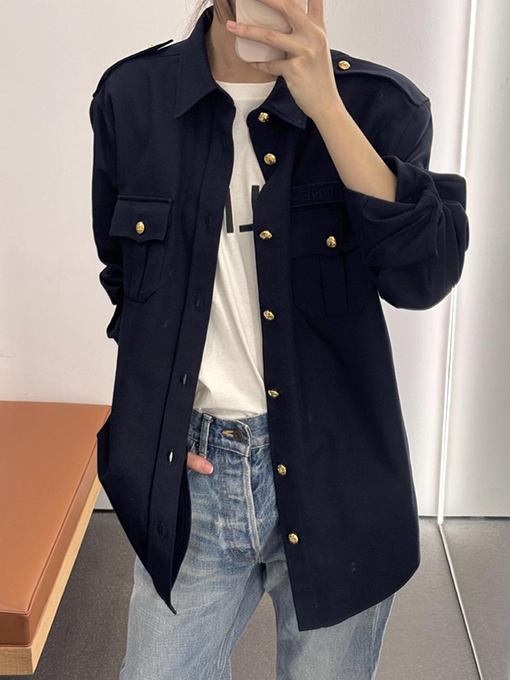 セリーヌコピー 新しい金メッキのネイビーブルーのシャツジャケット