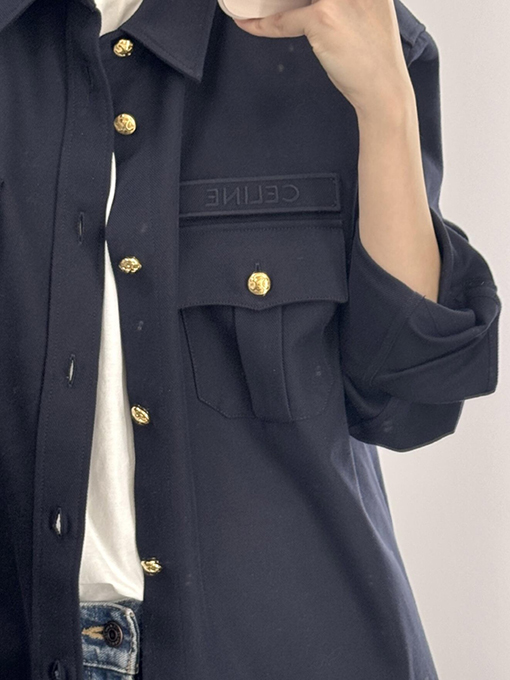 セリーヌコピー 新しい金メッキのネイビーブルーのシャツジャケット