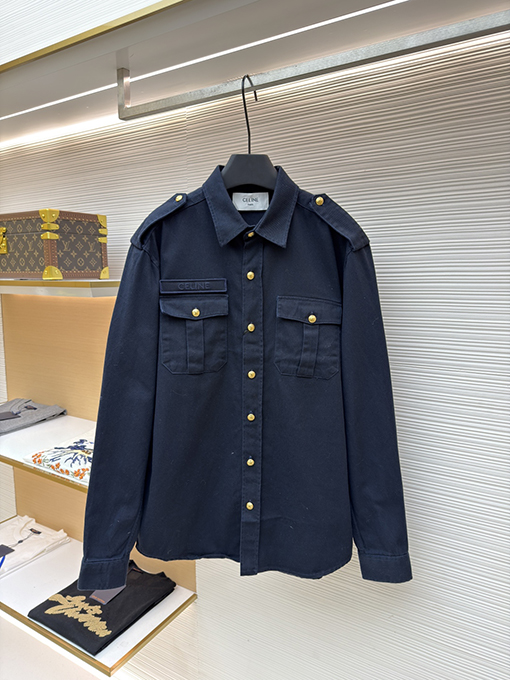 セリーヌコピー 新しい金メッキのネイビーブルーのシャツジャケット
