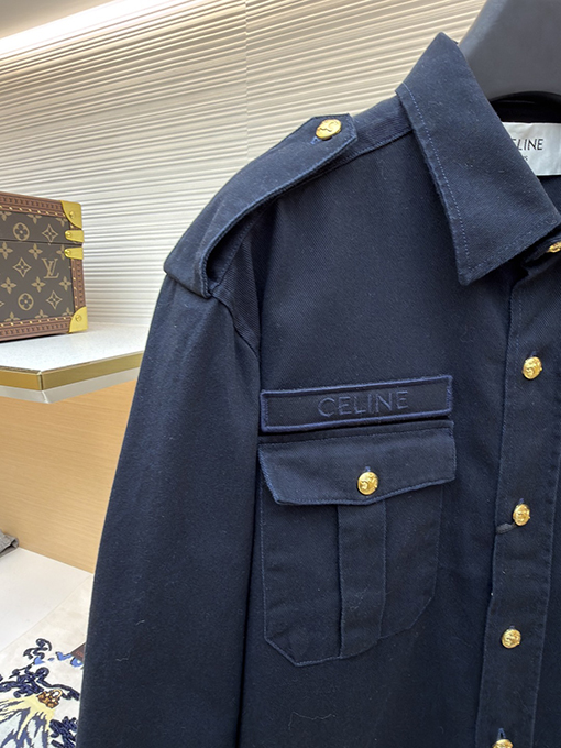 セリーヌコピー 新しい金メッキのネイビーブルーのシャツジャケット
