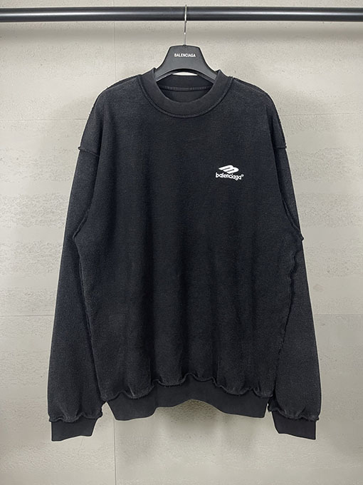 バレンシアガ 新しいロゴ刺繍入りリバースウォッシュダメージクルーネックスパーカー