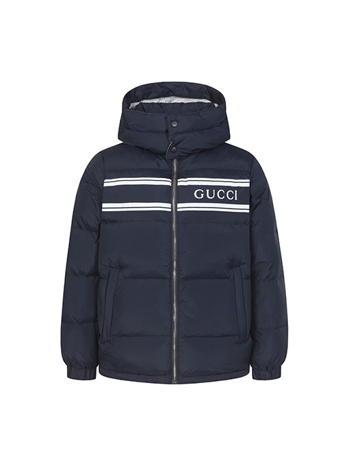 グッチスーパーコピー ロゴストライププリントのフード付きダウンジャケット