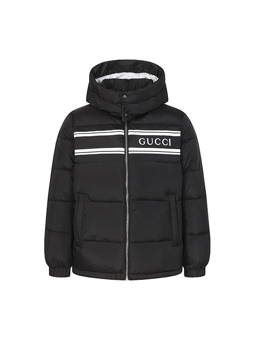 グッチスーパーコピー ロゴストライププリントのフード付きダウンジャケット