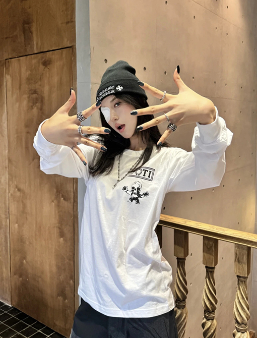 クロムハーツ FOTI システム ブラック&ホワイト ナイングリッド クルーネックロングスリーブシャツ