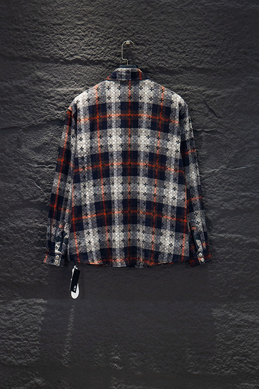 クロムハーツ 袖口にレザーパッチが付いた全面プリントのチェックシャツ