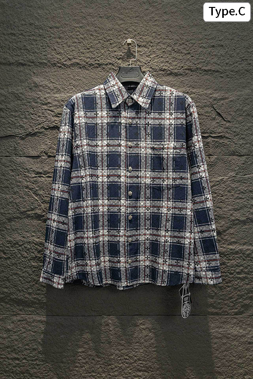 クロムハーツ 袖口にレザーパッチが付いた全面プリントのチェックシャツ