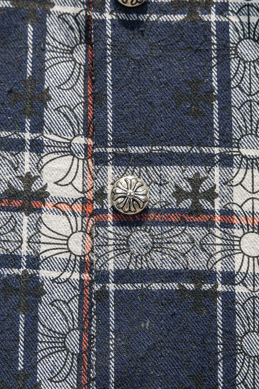 クロムハーツ 袖口にレザーパッチが付いた全面プリントのチェックシャツ