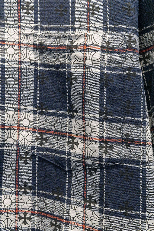 クロムハーツ 袖口にレザーパッチが付いた全面プリントのチェックシャツ