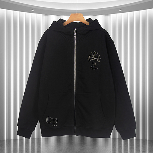 クロムハーツスーパーコピー 高品質のテリークロスのフード付きジップアップスウェットシャツ