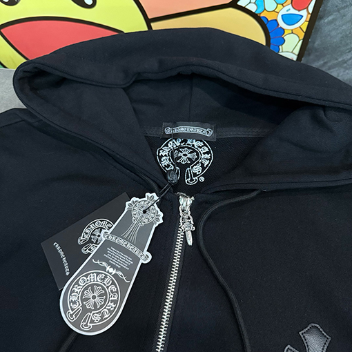 クロムハーツコピー クロスプリントレザーラベルジップアップフードジャケット