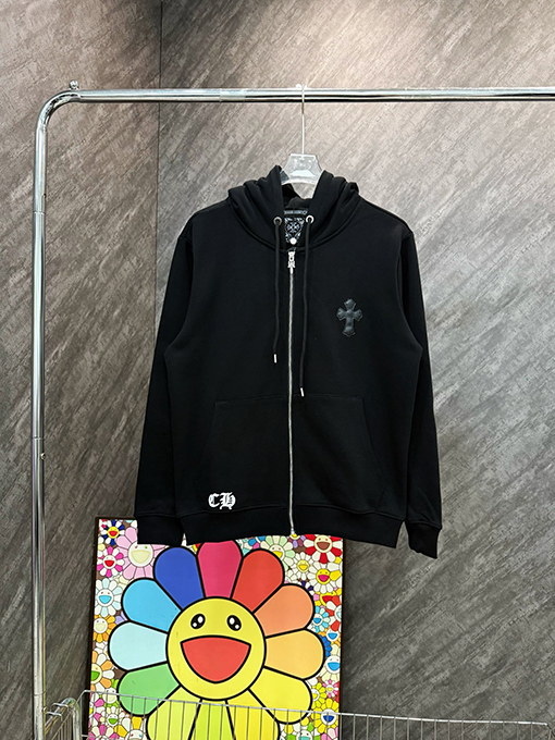 クロムハーツコピー クロスプリントレザーラベルジップアップフードジャケット