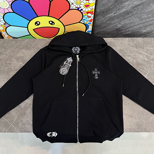 クロムハーツコピー クロスプリントレザーラベルジップアップフードジャケット