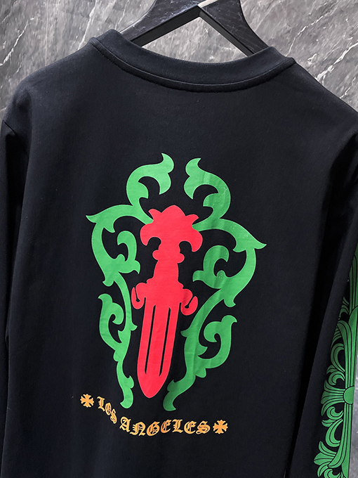 クロムハーツコピー 限定蔓と剣をデザインした緑の花柄ロングスリーブシャツ