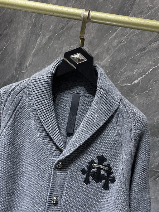 クロムハーツ 新モデルシルバーボタン付きバナナカラーウール&レザーパッチワークカーディガン