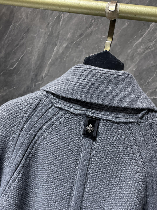 クロムハーツ 新モデルシルバーボタン付きバナナカラーウール&レザーパッチワークカーディガン