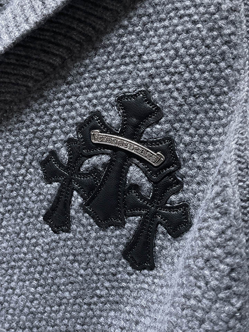 クロムハーツ 新モデルシルバーボタン付きバナナカラーウール&レザーパッチワークカーディガン