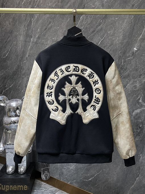 クロムハーツ レザースリーブとベースボールの刺繍サンスクリットクロスのウールコート