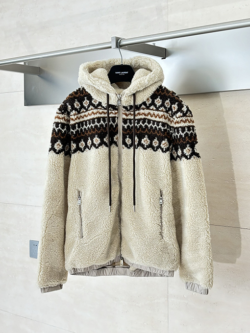 モンクレール 幾何学模様のジャカードウール混紡プラッシュフード付きジャケット