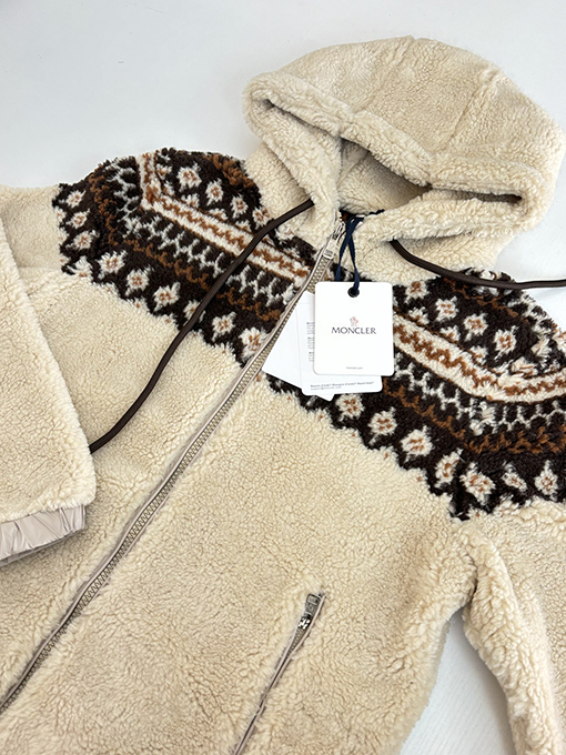 モンクレール 幾何学模様のジャカードウール混紡プラッシュフード付きジャケット