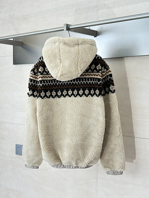 モンクレール 幾何学模様のジャカードウール混紡プラッシュフード付きジャケット