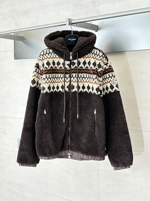 モンクレール 幾何学模様のジャカードウール混紡プラッシュフード付きジャケット