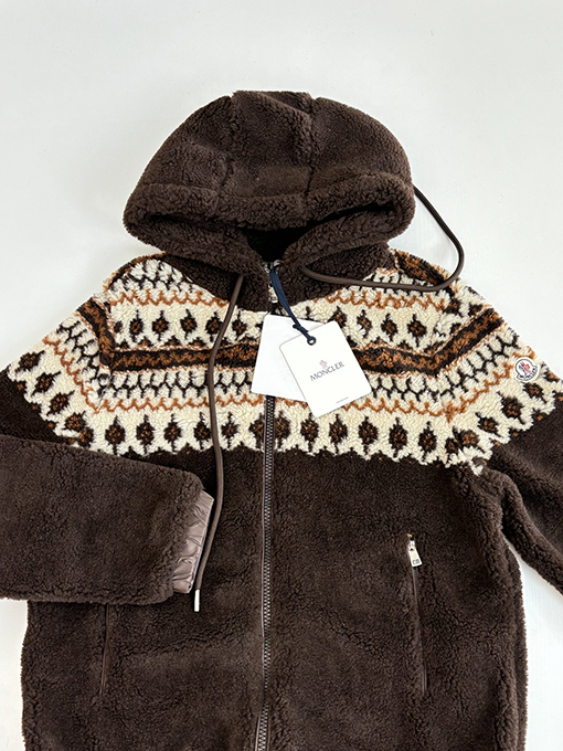 モンクレール 幾何学模様のジャカードウール混紡プラッシュフード付きジャケット