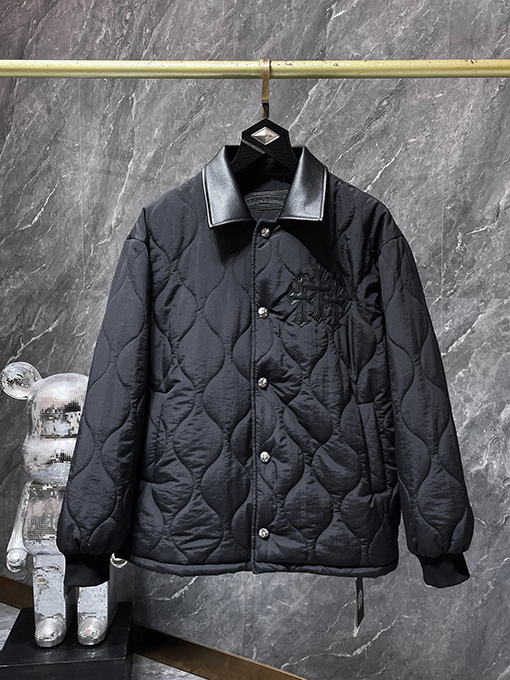 クロムハーツコピー クロス柄のレザーカラー刺繍りコットンパッド入りジャケット