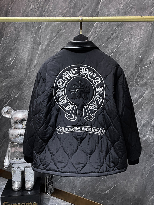クロムハーツコピー クロス柄のレザーカラー刺繍りコットンパッド入りジャケット